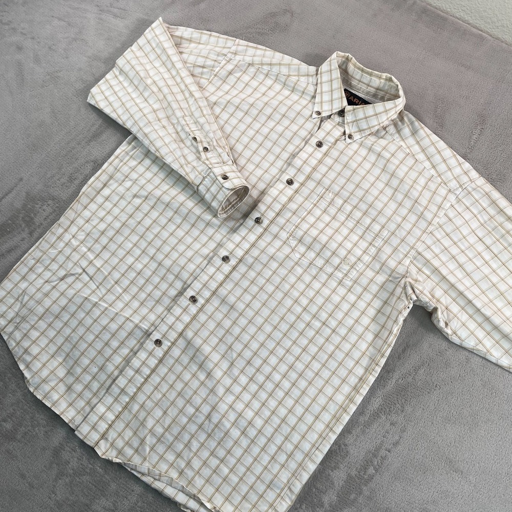 Ariat Vented Performance Shirt Men Large Beige Plaid Long Sleeve Cowboy